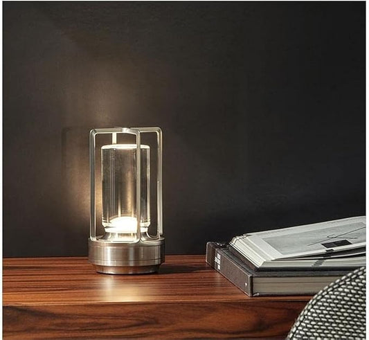 HAPYGI Portable Metal Table Lamp for Indoor/Outdoor,Rechargeable Cordless LED Lamp, 3-Colour Infinitely Dimming Battery Powered Small Desk Lamp, Restaurant/Bedroom/Bar/Coffee/Camping Light (Silver)