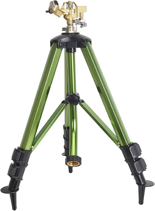 Heavy-Duty Brass Impact Sprinkler on Tripod Base, 360 Degree, 50 Feet Large Area Coverage, Adjustable Water Sprinkler, 3/4 Inch Connector Extension Legs Flip Locks