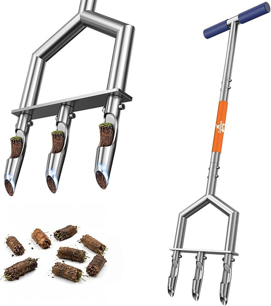 Manual Core Aerator Lawn Tool, Lawn Aerator Tool with 3 Non-Clogging Hollow Tines, Yard Grass Aerator with Ergonomic Rubber Grip, Reinforced Welding for Compacted Soil Lawn Care - Orange