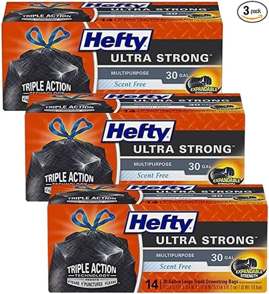 Hefty Ultra Strong Multipurpose Large Trash Bags, Black, Unscented, 30 Gallon (14 Count (Pack of 3))