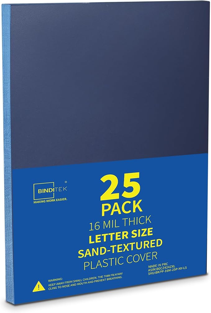 Binditek 25 Pack 16 Mil Sand-Textured Polycover, Heavy Weight Binding Front and Back Covers, Lightly Sanded Finish, 8-1/2" x 11", Square Corners, Un-Punched, Navy, Office Supplies