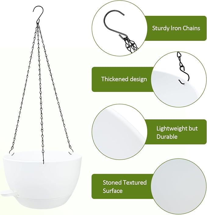 WOUSIWER Self Watering Hanging Planters, 2 Pack 12'' Plastic Pots with Drainage Holes & Reservoir Tray (White) | Indoor & Outdoor Use for Ferns, Ivy, Herbs, Succulents