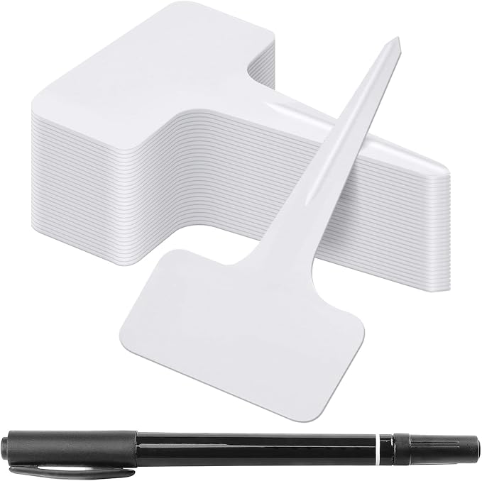 Whaline 100 Pcs Plastic Plant Labels White T-Type Garden Stake Tags Waterproof Plant Markers Reusable Plants Signs for Outdoor Indoor Nursery Potted Plants Seed with A Black Marker Pen (6 x 10 cm)
