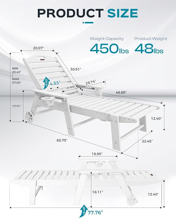 Ciokea Outdoor Chaise Lounge Chair Set of 2, Patio Lounge Chairs for Outside, HDPE Lounge Chairs with Wheels & Cup Holder, Poly Lounge Chair with 5 Position for Poolside, Deck, White