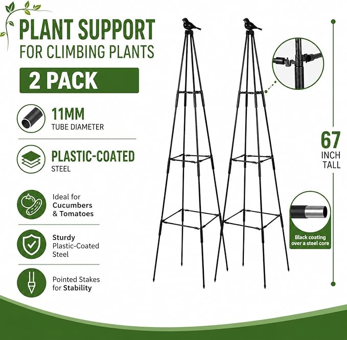 OTOSUNNY Garden Obelisk Trellis for Climbing Plants Outdoor, 67" Tall Tomato Cage Cucumber Trellis for Raised Garden Bed, Metal Climbing Plants Support for Vine Flower Vegetable Peas Bean, 2 Pack