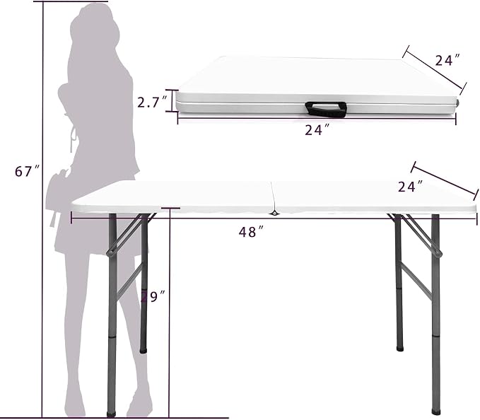 4 FT Folding Table, Plastic Portable Tables for Dining Parties Card Picnic Camping, Granite White