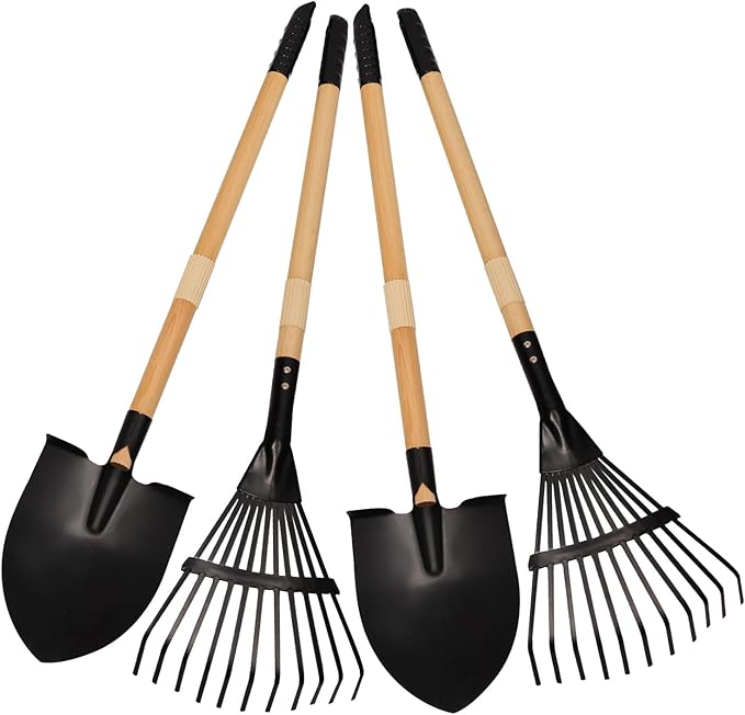 Kids Rake and Shovel Set, 4Pcs Garden Tools Metal Head with Wooden Handle, Great Gardening Gifts for Boys Girls Age 3 and Up