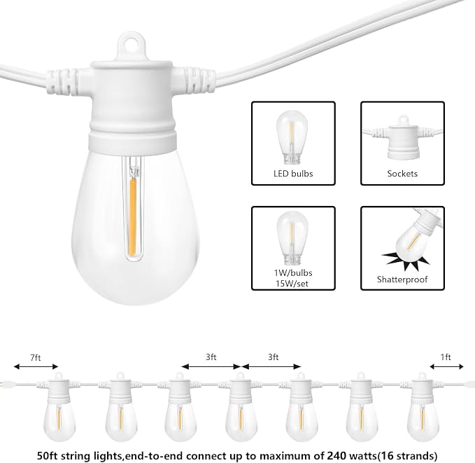 SUNTHIN Outdoor String Lights White, 3 * 50FT(150FT Total) White Patio Lights with 3 * 15 LED Shatterproof Bulbs for Outside, Backyard, Deck, Porch, Garden, Bistro, Cafe, Party