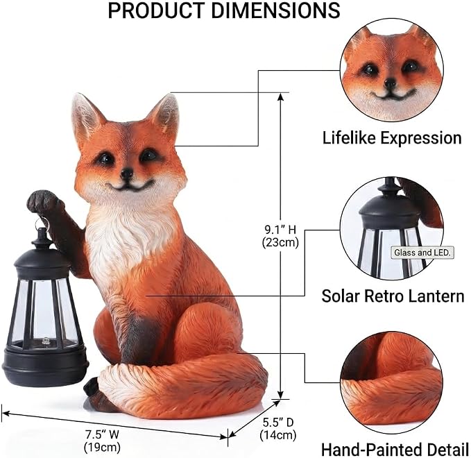 Solar Fox Garden Statue, 9 Inch Resin Animal Figurine with Lantern, Outdoor Solar Light Decor for Patio, Yard, Porch, Walkway, Lifelike Woodland Fox Sculpture for Garden Art (Red)