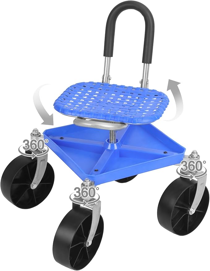 Garden Rolling Stool with Wheels,Outdoor Garden Cart with Seat, 360° Swivel Gardening Stool for Planting,Adjustable Height Gardens Chair w/ Utility Tool Tray and Handle for Outdoor, Patio,Yard Blue