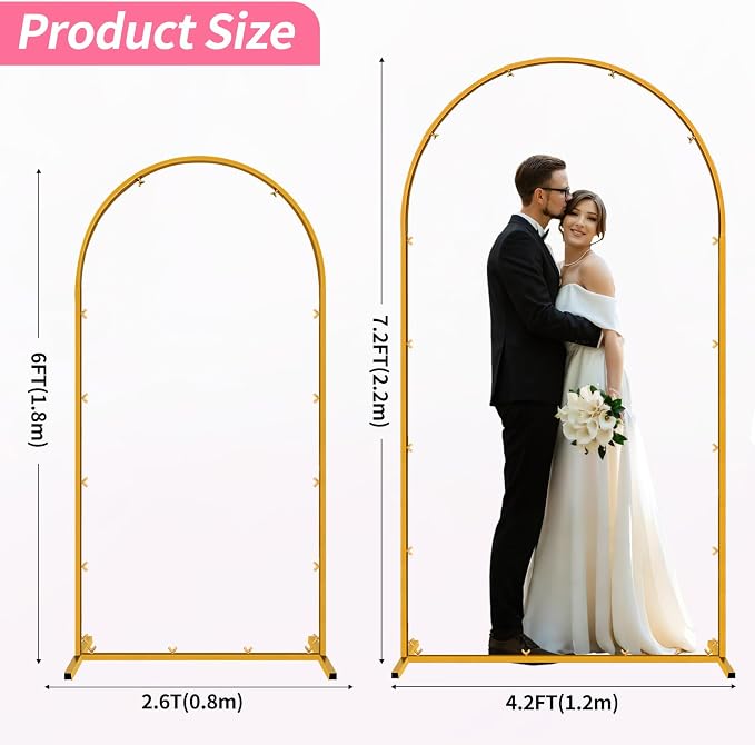 Metal Arch Backdrop Stand, 7.2FT+6FT Wedding Arches Frame, Gold Wedding Arch Backdrop Stand Set of 2, Balloon Arch Backdrop for Wedding Party Decor Birthday Baby Shower Graduation