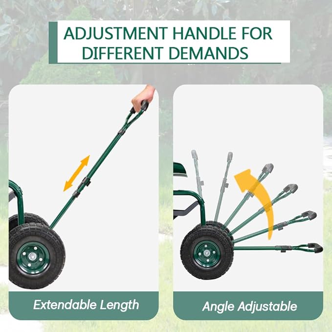 Garden Cart on Wheels,Rolling Garden Cart with Seat,Heavy Duty Gardening Stool with Basket,Adjustable Steering Handle, 360 Degree Swivel Seat for Yard,Patio,and Outdoor