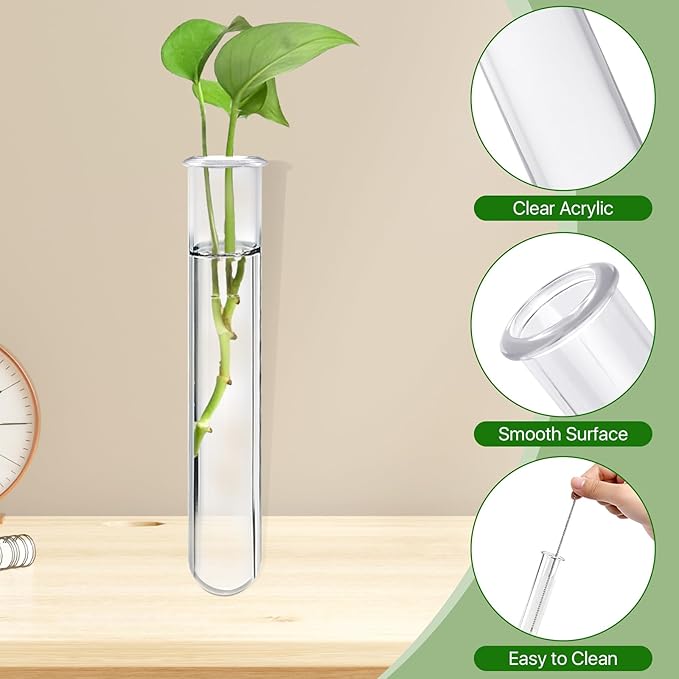 15Pcs Clear Test Tubes for Plant, 20ml Plant Propagation Tube with Brush, Plastic Test Tubes for Hydroponic Plants, Flowers, Home Office Wall Decor (12cm), Transparent