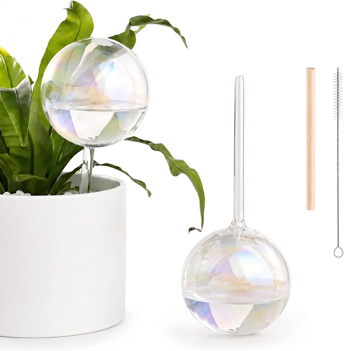 Glass Iridescent Self Watering Globes, 17 oz Rainbow Glass Plant Watering Globes, 500ml Self Watering Planter Insert Bulbs, Automatic Waterer Spikes for Indoor&Outdoor potted Plants, Large, 2 Pack