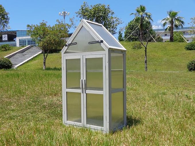GDFStudio Mini Greenhouse Kit with Adjustable Shelves, Small Outdoor Green House Plant Stand with Adjustable Roof Panels and Wall Brackets Garden & Patio Accessories for Garden Patio Indoor Use, Gray