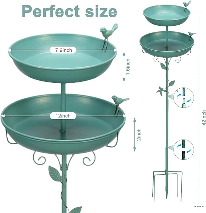 Bird Bath for Outside with 2 Bird Decor, Hummingbird on Pole & Sparrow on Bowl, 38.5 Inch Height Garden Birdbath, 12 Inch Antique Green Freestanding Birdfeeder Bath for Yard Patio