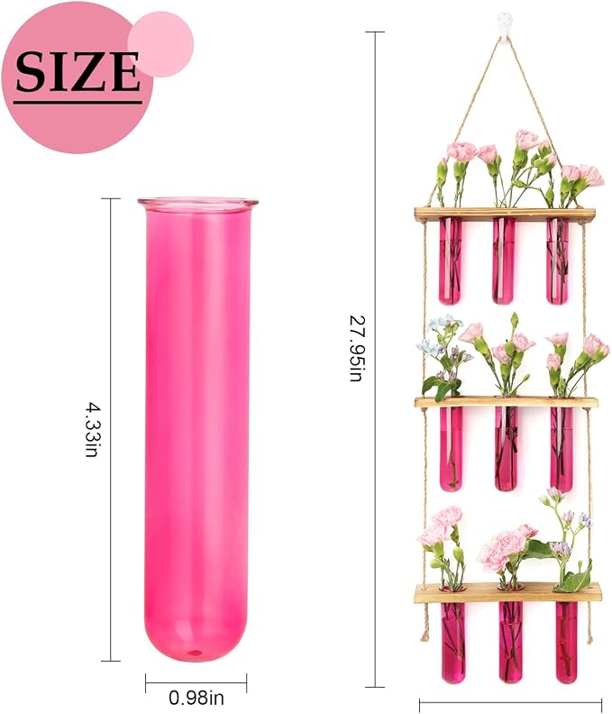 XXXFLOWER Wall Hanging Propagation Station with Wooden Stand 9 Test Tubes Vases Tiers Planters Wall Terrarium for Home Office Plant Hanger Flower Vases Wall Decor Hydroponic Cuttings(Pink)