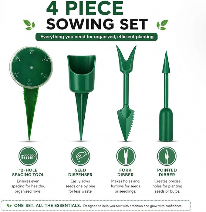 GOOGO Seed Spreader 4 Piece Sowing Tool Set, Green Garden Seed Spacer with 12 Holes and 5 Outlet Seed Dispenser, Handheld Planter for Vegetables and Flowers