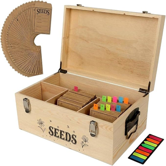 13.1”×7.7”×6” Wood Seed Storage Box 60pcs Seed Envelopes Fluorescent Index Tabs Seed Saving Organizer Box with Removable Dividers Safety Lock Side Handles Top Handle Gifts for Gardener Friends