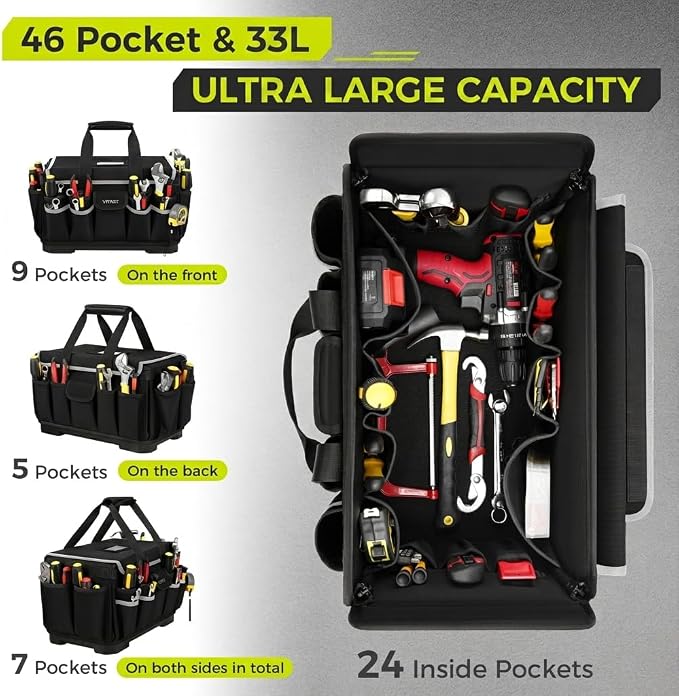 Heavy Duty Tool Bag 18-Inch, Extra Large 46 Pockets Electrician Tool Bag for men with Hard Bottom & Waterproof Pocket, 1680D Tear-Proof Toolbox Organizer for HVAC Mechanic, Father Dad Birthday Gift