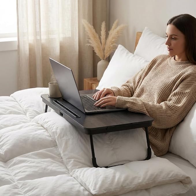 BUYIFY Foldable Laptop Bed Desk for Couch, Sofa - Large Lap Desk Tray Table with Cup Holder and Tablet Slot - Portable Notebook Stand for Eating, Writing, Studying and WFH -NEW-006-USA Original Patent