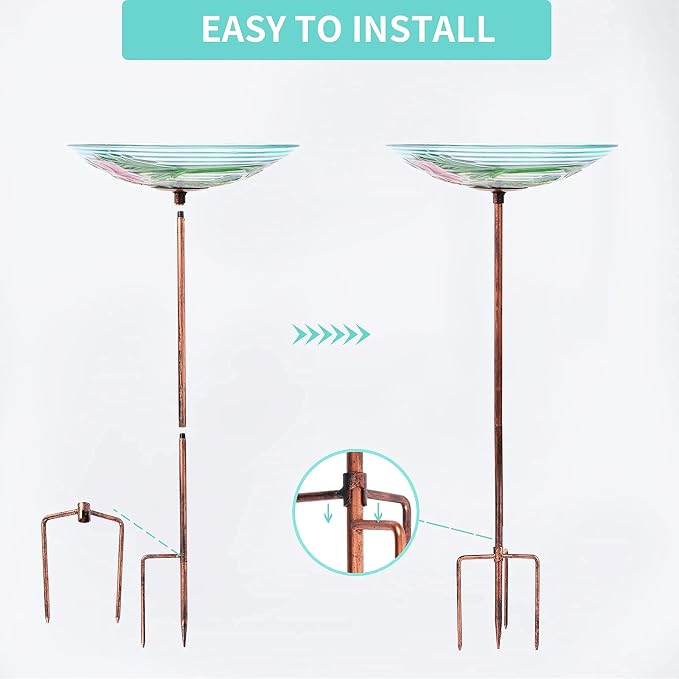 MUMTOP Glass Bird Bath, Garden Outdoor Birdbaths Birdfeeder with Metal Stake, Multi