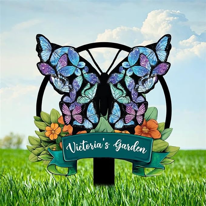 Personalized Metal Yard Sign, Custom Metal Stake Decor, Butterfly & Flower Design, Gift for Garden Lovers, Garden Decor (Butterfly & Flower)