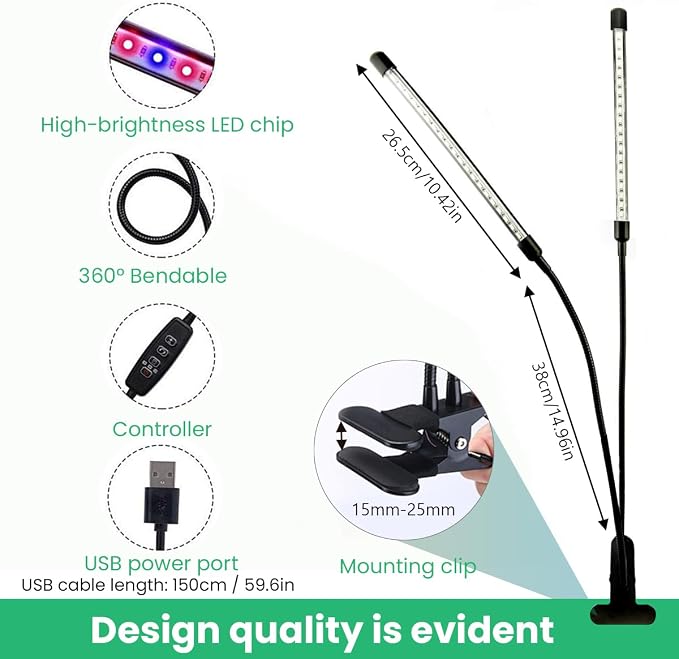 Grow Lights for Indoor Plants 2 Heads Full Spectrum, Flexible Gooseneck Clip On Plant Light 40 LEDs, 3/9/12H Auto Timer 3 Modes 10 Brightness Levels for Seed Starting, Flowers & Vegetables