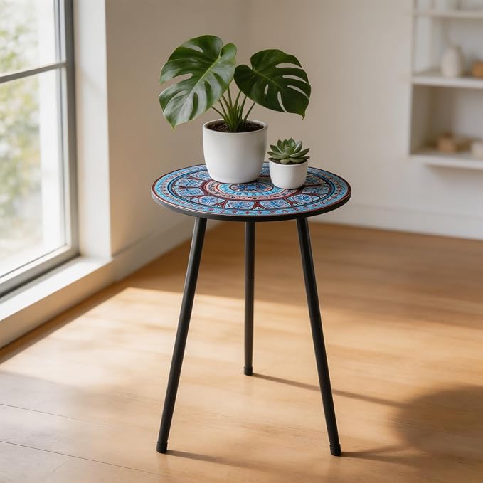 Outdoor Side Table Set of 2 Patio Side Tables for Outside Black End Tables Small Outdoor Table Round Patio End Table Metal Side Table Outside, Indoor, Bedroom, Living Room, Small Spaces, Azure Mosaic