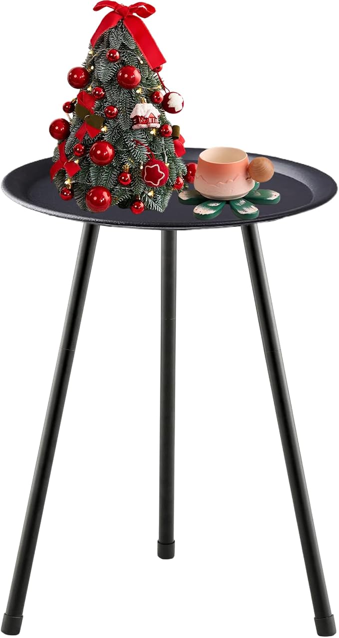 Metal Side Table,12" Diameter 20'' Height Small Round Weather Resistant Black Metal Outdoor Side Table for Patio Balcony Yard Porch Garden, Bedside Table Plant Stand for Indoor Outdoor Use