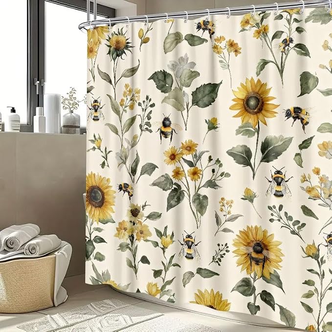 Rustic Boho Sunflowers Bee Shower Curtain, Vintage Chic Country Floral Botanical Floral Plant Farmhouse Cottagecore Aesthetic Shower Curtain Set with Hook, Beige Yellow Bath Curtain 72X78 Inch