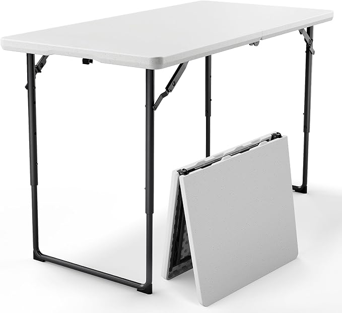 4ft Folding Table with Adjustable Height, Heavy Duty Fold-in-Half Plastic Table with Steel Legs, Portable for Indoor, Outdoor, Picnic, Camping, Dining, Party, White