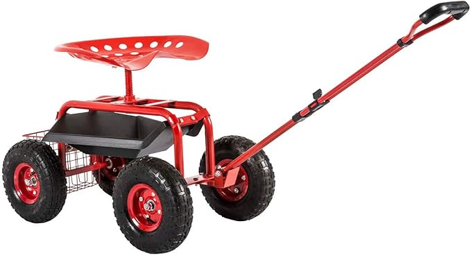 Garden Cart Rolling Work Seat 4-Wheel Mobile Patio Wagon Scooter for Planting, Adjustable Handle 360 Degree Swivel Seat, Red