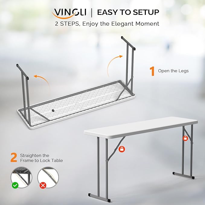 VINGLI 5 FT Narrow Folding Table,Premium Quality HDPE Material and Sturdy Metal Frame, Perfect for Buffet, Seminar, Party, Training, Home Work, White