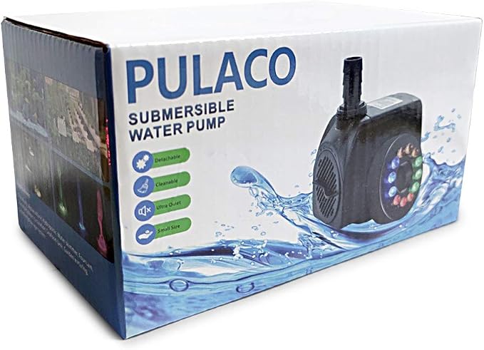 PULACO 160GPH Small Fountain Pump, 10Watt Submersible Pump with Automatic Color Changing LED Light and 3.3 ft Tubing for Water Feature, Outdoor Pond, Aquarium fish tanks