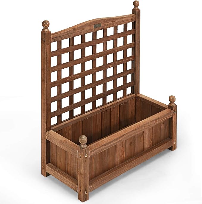 Giantex Wood Planter Free Standing Plant Raised Bed with Trellis for Garden or Yard (25’"Lx11 Wx30 H)