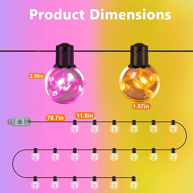 Outdoor String Lights USB plug in, 25ft 20 G40 Bulbs LED Color Changing Hanging Lights Dimmable with 220+ Scene Modes, App Control, IP65 Waterproof Globe Bulb for Patio Backyard Balcony Decor