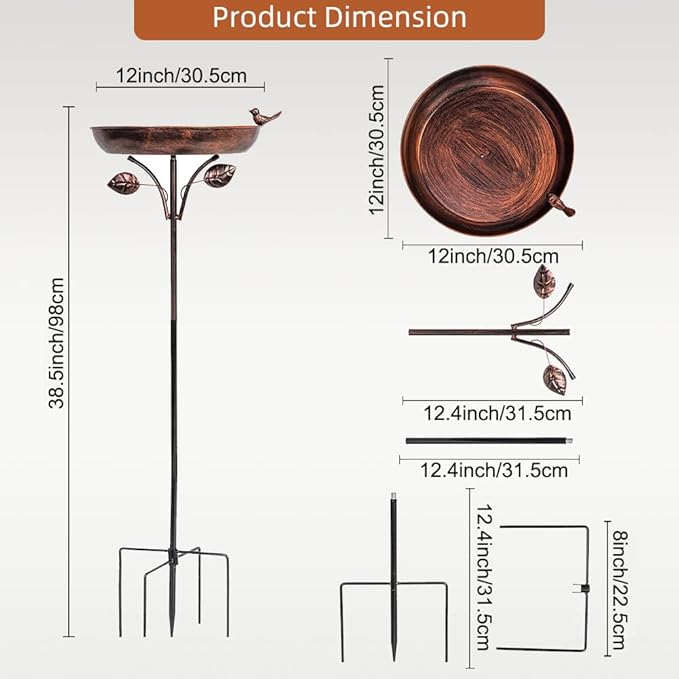 VEWOGARDEN 38" Tall Metal Bird Bath for Outside, Outdoor Bird Bath Feeder with 5-Pronged Stake for Garden, Yard, Patio Decor, Antique Bronze