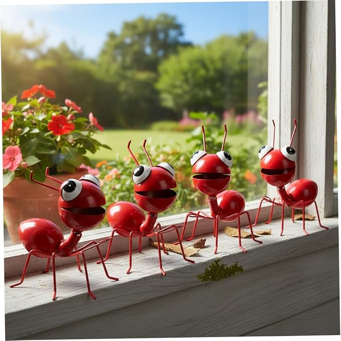 Cruis Cuka Metal Yard Art Garden Decorative Cute Ant Outdoor Wall Sculptures - Set of 4 Red
