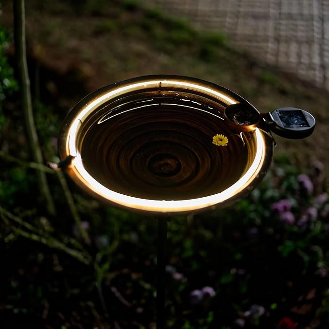 dreamysoul Bird Baths for Outdoors 15" Dia Large Metal Bird Bath with Solar Strip Lights, 5 Prongs Outdoor Copper Birdbath for Lawn Yard Garden Decor
