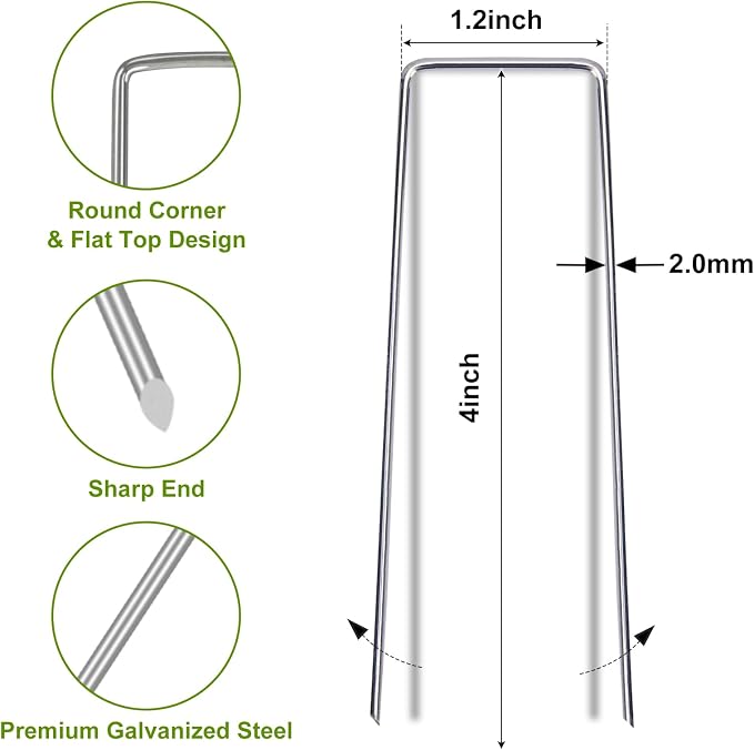 Whonline 32 Pack Landscape Staples 4 Inch, Galvanized Garden Stakes U-Shaped SOD Landscaping Fabric Pins Yard Ground Staples for Gardening Lawn Turf Securing Irrigation Pipe Hose Plant Cover