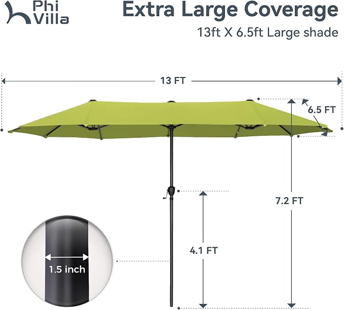 PHI VILLA 13ft Large Patio Umbrellas, Double-Sided Outdoor Market Rectangle Umbrella for Outside, Lime Green