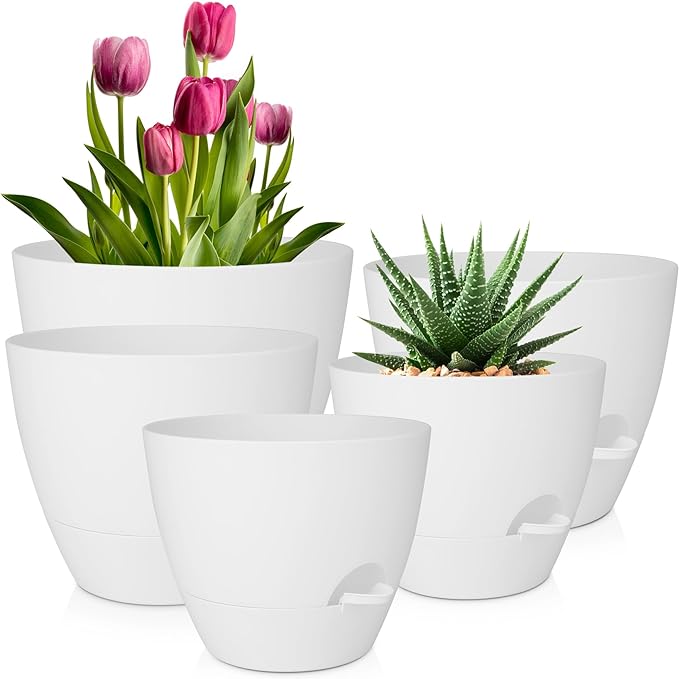 QRRICA Plant Pots 10/9/8/7.5/7 Inch Self Watering Pots, Set of 5 Plastic Planters with Drainage Holes and Saucers,Plastic Flower Pots,Nursery Planting Pot for Indoor Out Door Plants(Pure White)