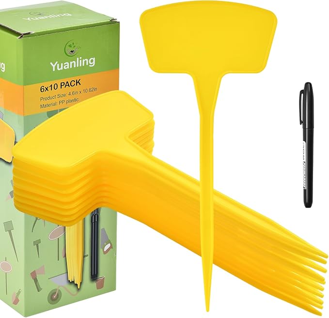 Plant Labels，60 Pcs Yuanling Plant Markers Large Plastic Plant Tags T-Type Waterproof Garden Labels for Outdoor Indoor Potted Plants Flowers Seeds Herbs with Garden Marker Pen