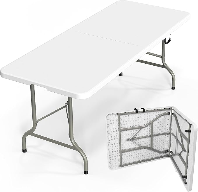 Bonnlo Folding Table 6ft, Portable Collapsible Plastic White Long Tables for Party, Camping, Banquet, Craft, Dining, Wedding, Outdoor and Indoor Use