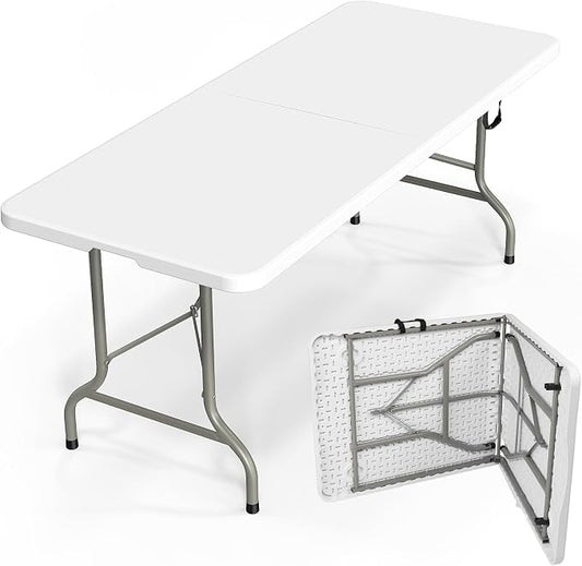 Bonnlo Folding Table 6ft, Portable Collapsible Plastic White Long Tables for Party, Camping, Banquet, Craft, Dining, Wedding, Outdoor and Indoor Use