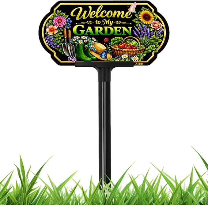 Welcome to My Garden Sign Outdoor Decor, 10x5 Inch Adjustable 24" & 37" Height Aluminum Garden Yard Sign with Stake, UV Printed Metal Garden Sign for Lawn Fence Wall, Gift for Gardeners