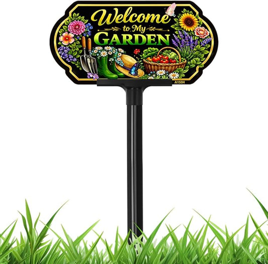 Welcome to My Garden Sign Outdoor Decor, 10x5 Inch Adjustable 24" & 37" Height Aluminum Garden Yard Sign with Stake, UV Printed Metal Garden Sign for Lawn Fence Wall, Gift for Gardeners