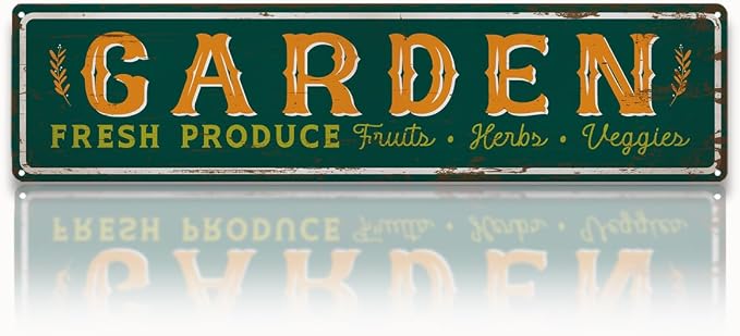 Garden Metal Tin Sign, Fresh Produce Fruits Herbs Veggies, Vintage Farmhouse Outdoor Wall Decor, for Garden Porch Patio Fence Yard, for Gardening Lovers, 15.7 x 3.9 Inches