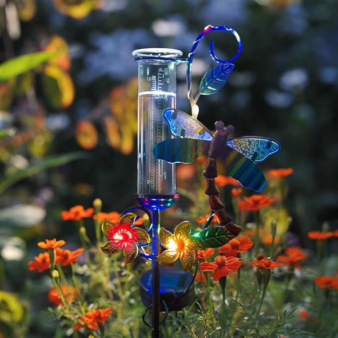 Stargarden Rain Gauge Outdoor, Metal Dragonfly Rain Gauge with 5 inch Glass Tube, Decorative Solar Rain Gauge with LED Lights for Yards, Lawns, Pathways, Patios